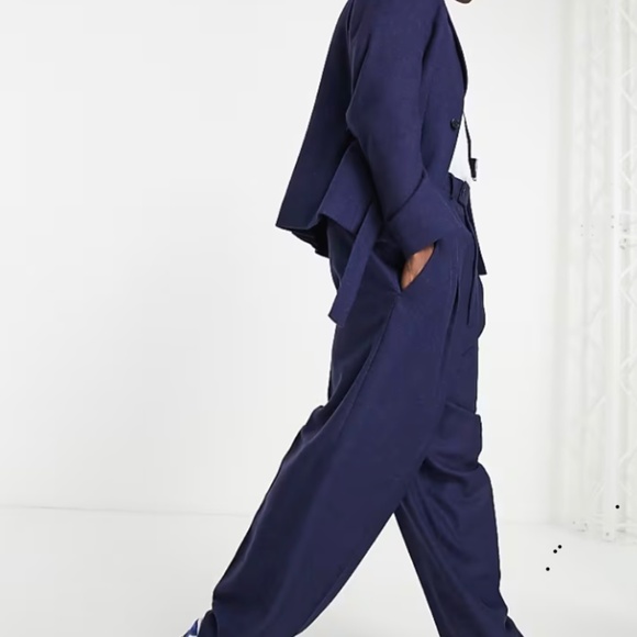 ASOS DESIGN High Waisted Baloon Wool Mix Twill Suit Pant size 31x32 in Navy - Picture 3 of 8